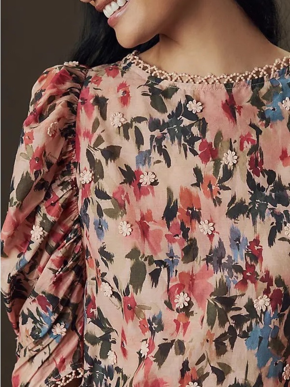 Anthropologie & Farm Rio Floral Puff-Sleeve Blouse in Blush Pink NWT - Picture 3 of 4